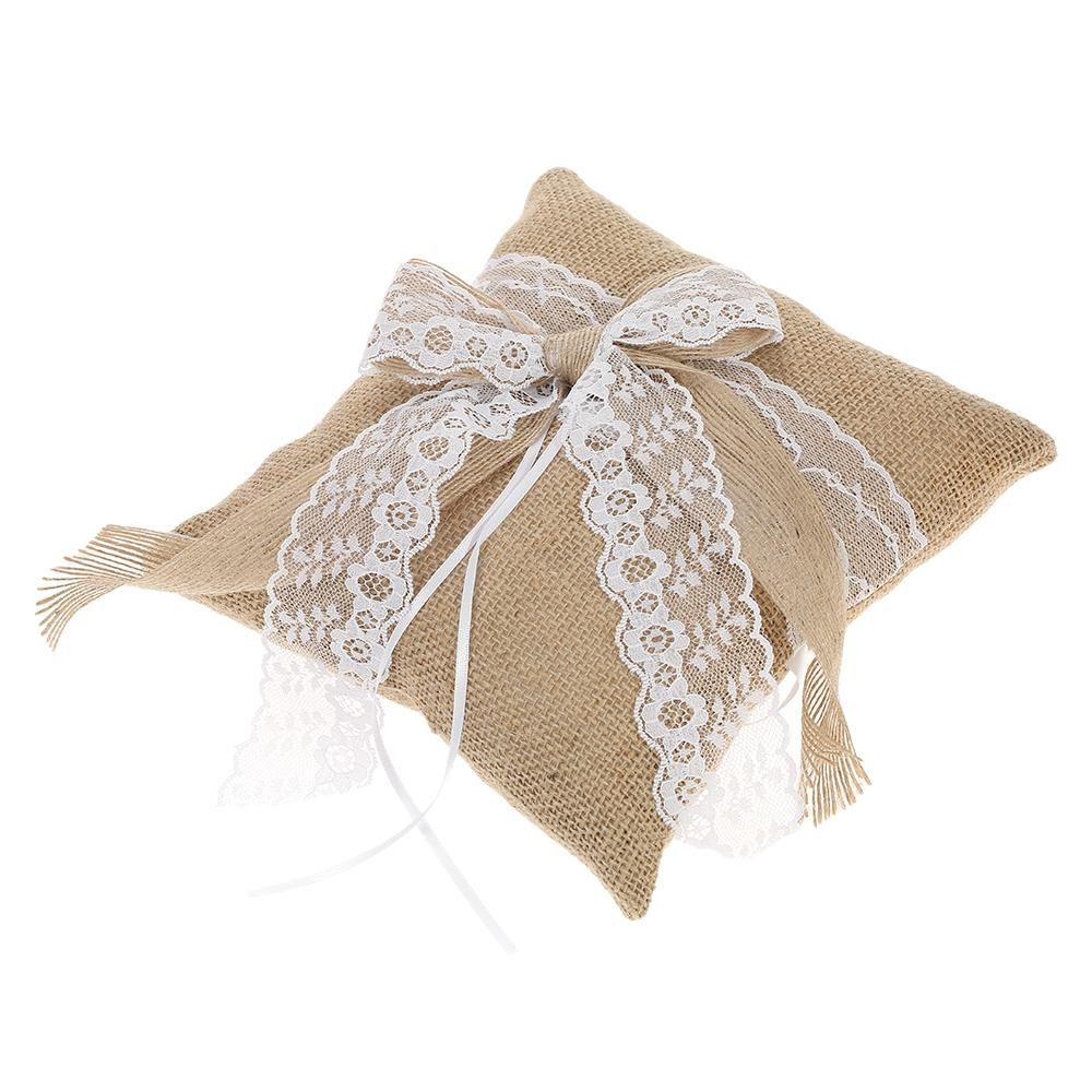 7 * 7 inches Vintage Burlap Lace Bowknot Ring Bearer Pillow and Rustic Wedding Flower Girl Basket Set
