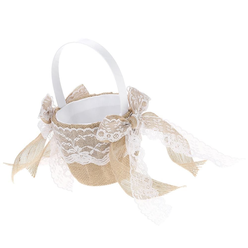 7 * 7 inches Vintage Burlap Lace Bowknot Ring Bearer Pillow and Rustic Wedding Flower Girl Basket Set