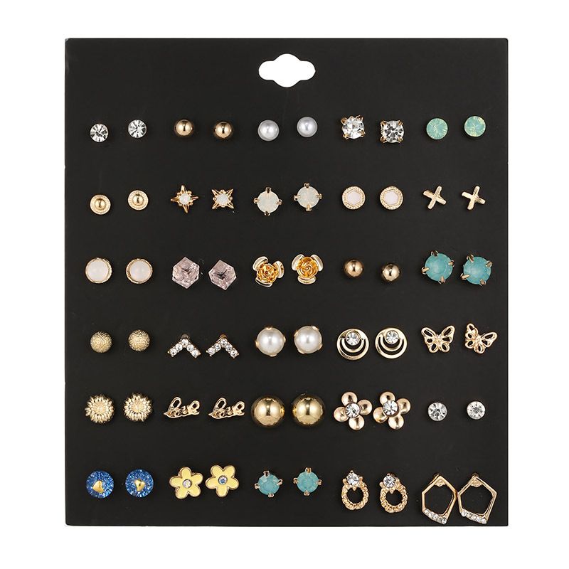 Earring Set Ladies 30 Pairs Diamond Pearls Flower Elegant Ear Studs Women