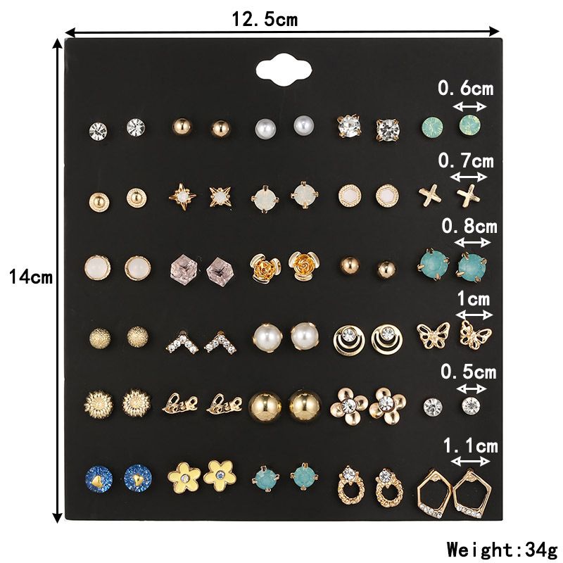 Earring Set Ladies 30 Pairs Diamond Pearls Flower Elegant Ear Studs Women
