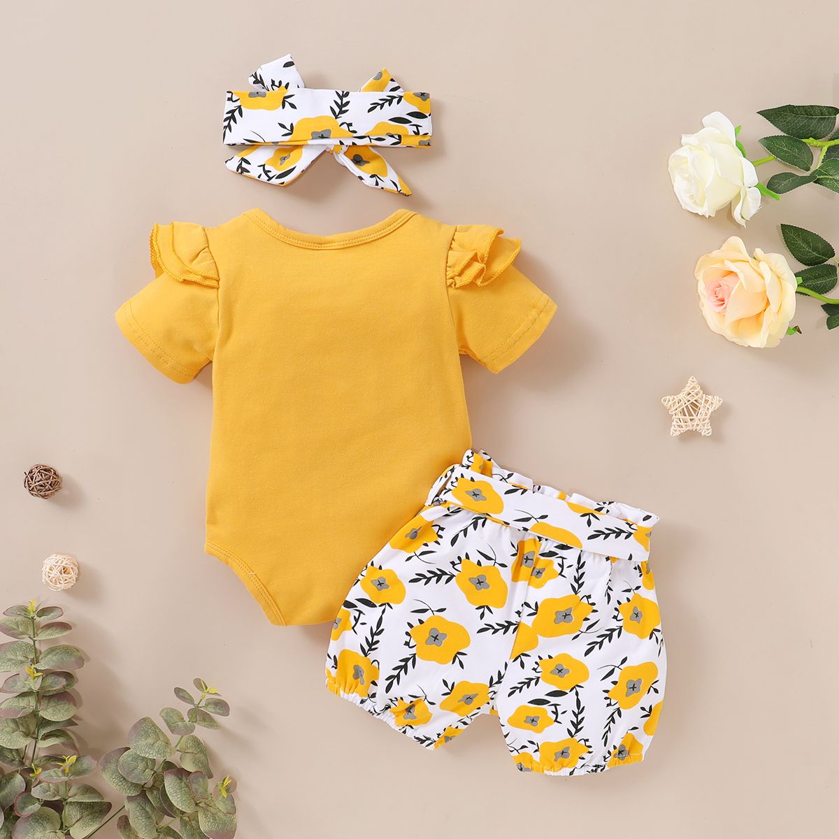 Newborn Baby Girls Outfit Letter Print Short Sleeve Bodysuit + Yellow Floral Shorts + Headband