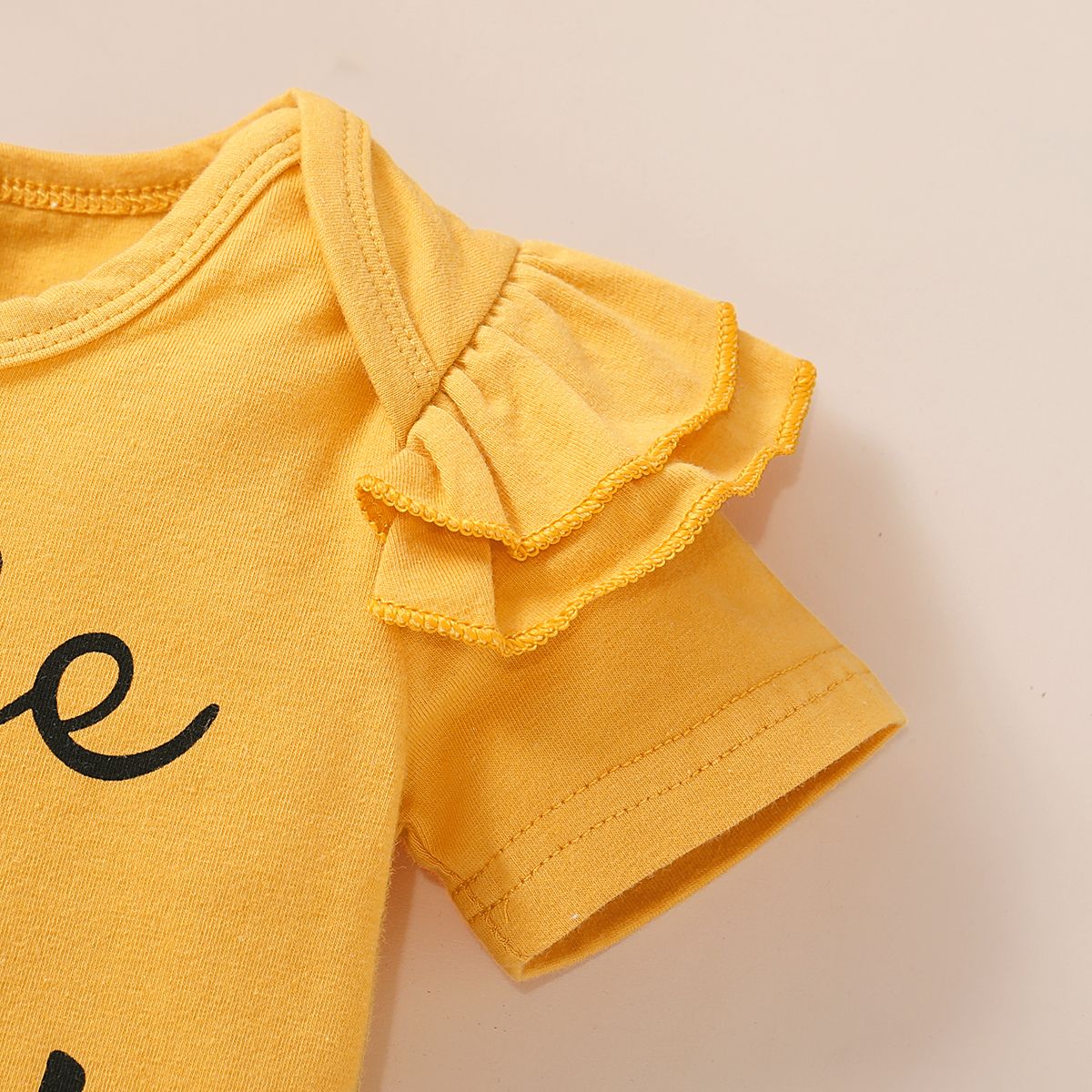 Newborn Baby Girls Outfit Letter Print Short Sleeve Bodysuit + Yellow Floral Shorts + Headband