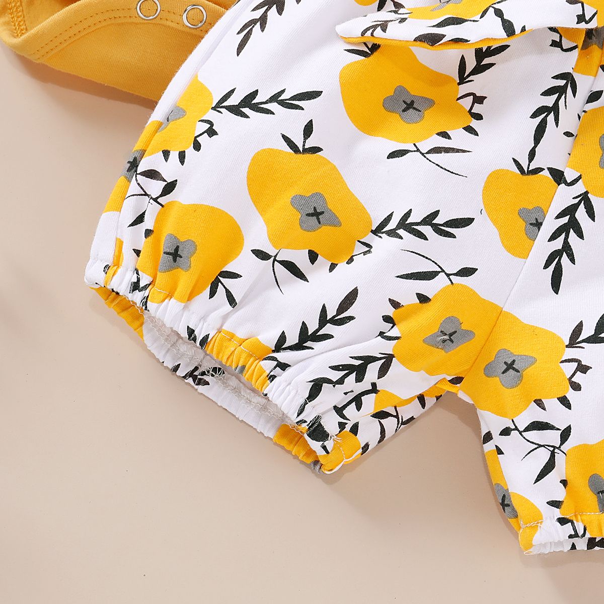 Newborn Baby Girls Outfit Letter Print Short Sleeve Bodysuit + Yellow Floral Shorts + Headband