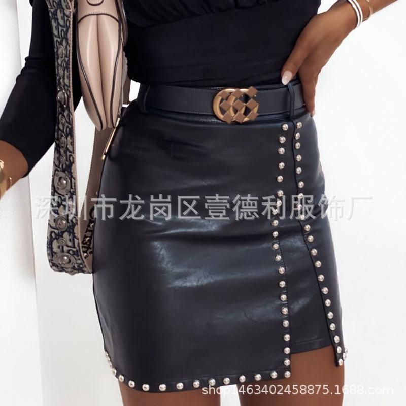 Women's leather skirt Sexy leather studded half length skirt Split buttocks skirt Autumn and winter