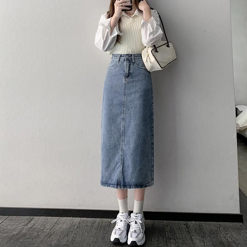 004 Denim Skirt Women's Spring/Summer Mid length Split A-line Wrap Hip Long Skirt Summer 2022 New