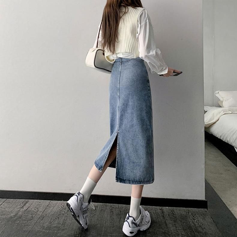 004 Denim Skirt Women's Spring/Summer Mid length Split A-line Wrap Hip Long Skirt Summer 2022 New