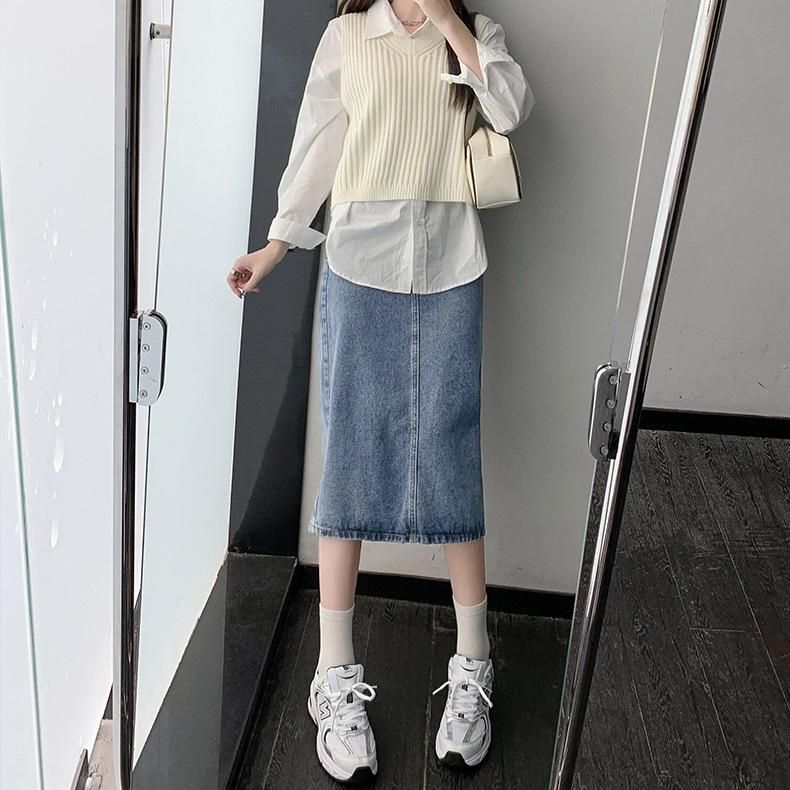 004 Denim Skirt Women's Spring/Summer Mid length Split A-line Wrap Hip Long Skirt Summer 2022 New
