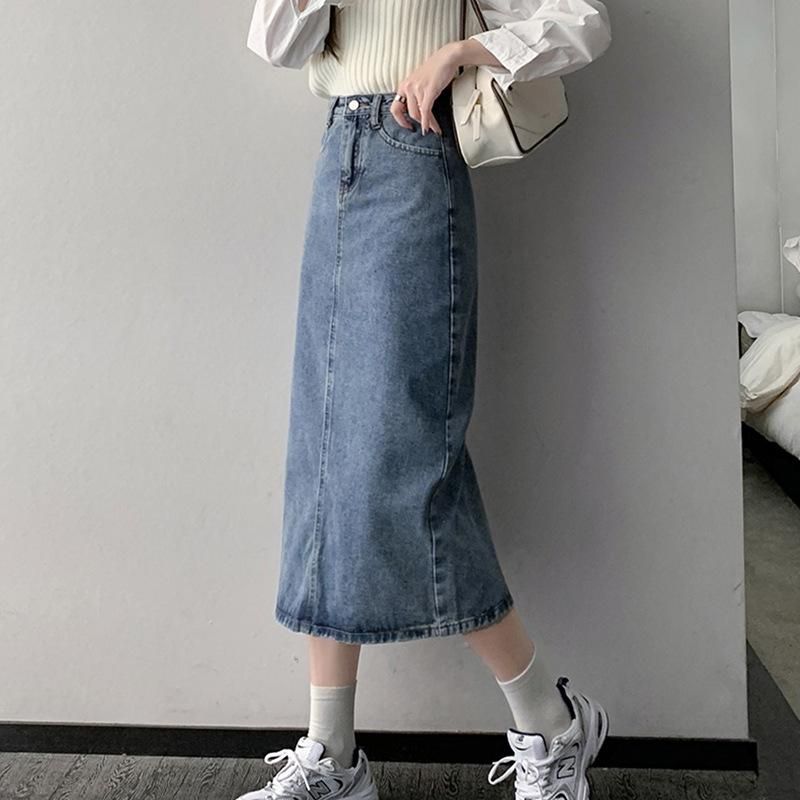 004 Denim Skirt Women's Spring/Summer Mid length Split A-line Wrap Hip Long Skirt Summer 2022 New