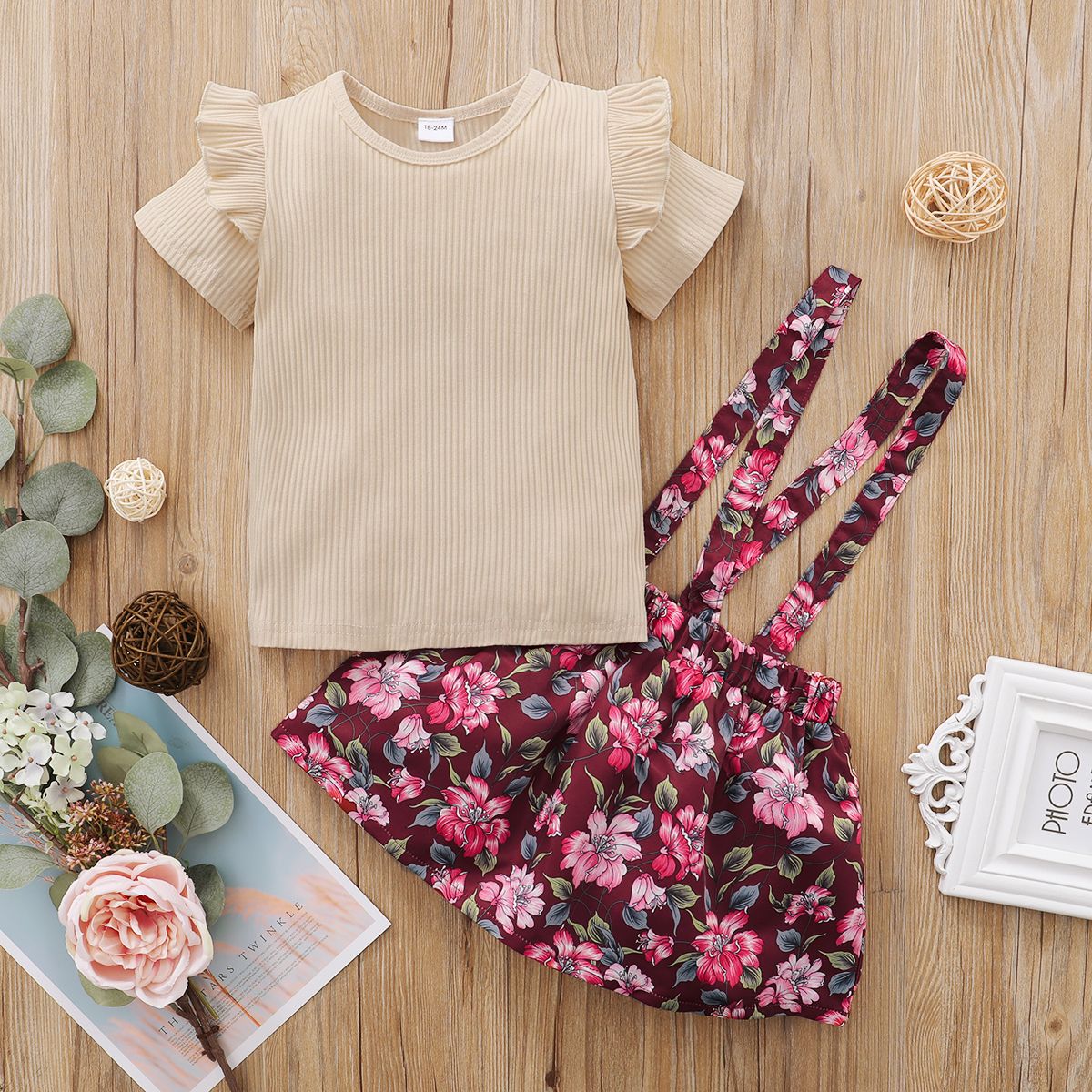 1-6Y Kid Girls Dresses Ribbed Short Sleeve Blouse Floral Suspender Skirt