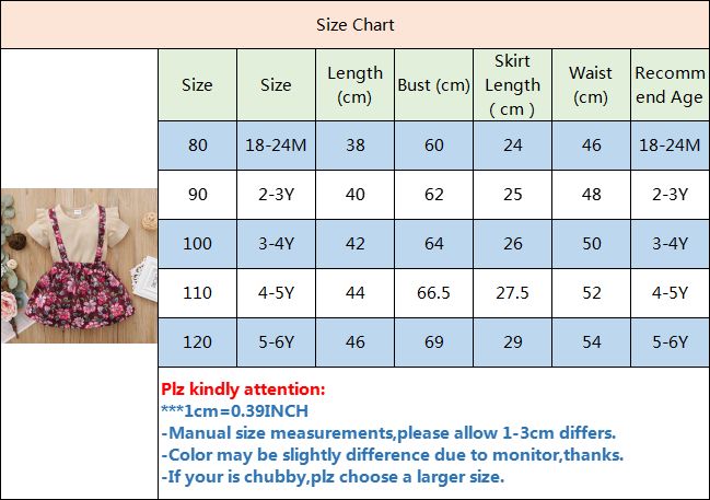 1-6Y Kid Girls Dresses Ribbed Short Sleeve Blouse Floral Suspender Skirt