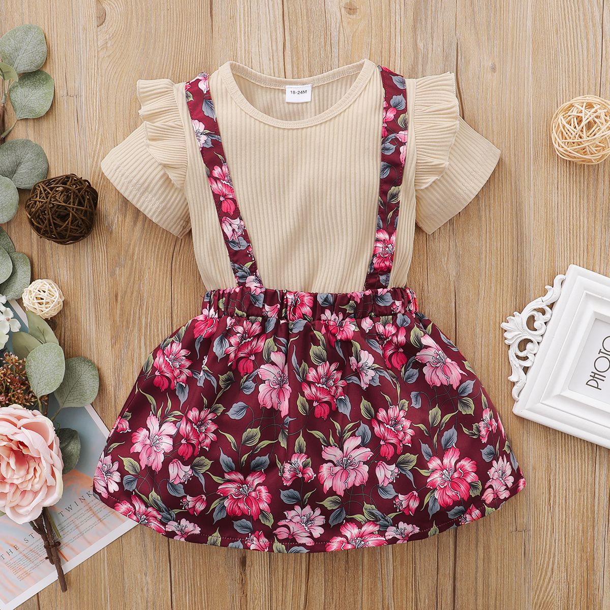 1-6Y Kid Girls Dresses Ribbed Short Sleeve Blouse Floral Suspender Skirt