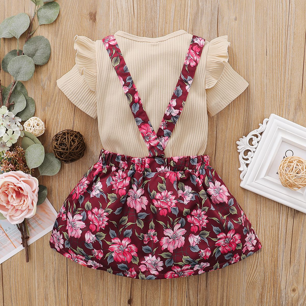 1-6Y Kid Girls Dresses Ribbed Short Sleeve Blouse Floral Suspender Skirt