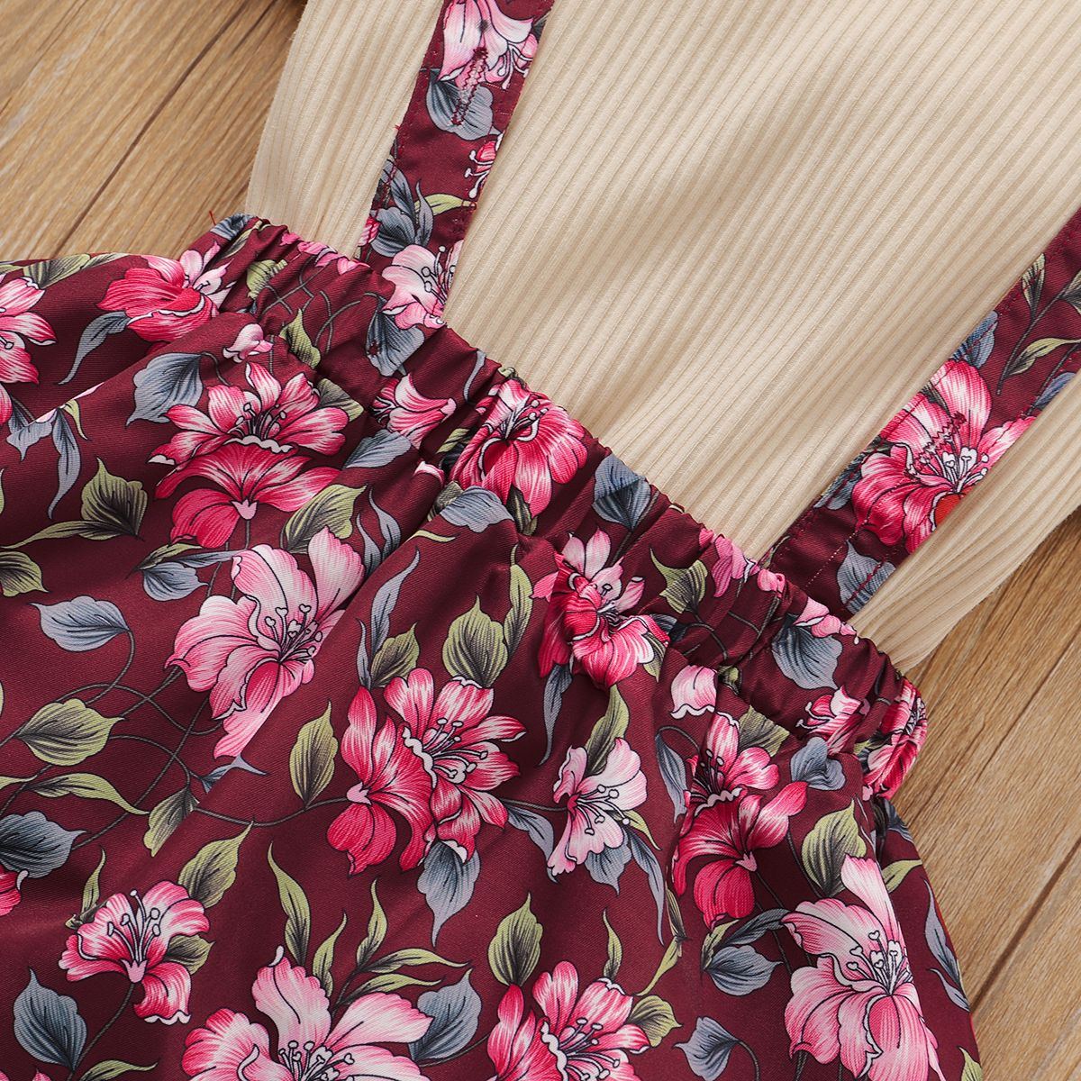 1-6Y Kid Girls Dresses Ribbed Short Sleeve Blouse Floral Suspender Skirt