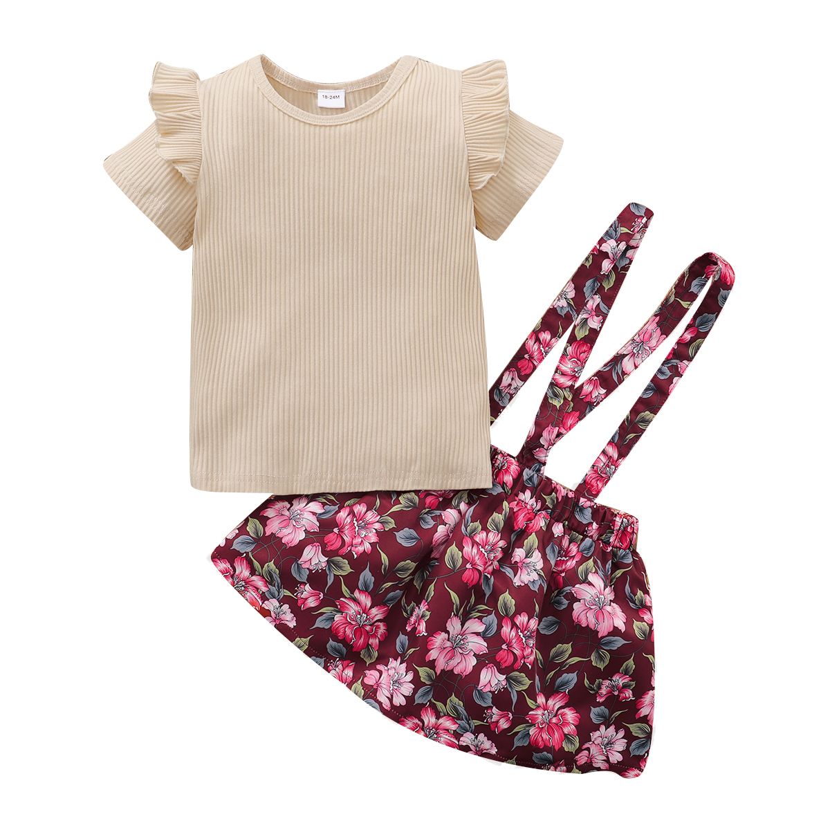 1-6Y Kid Girls Dresses Ribbed Short Sleeve Blouse Floral Suspender Skirt