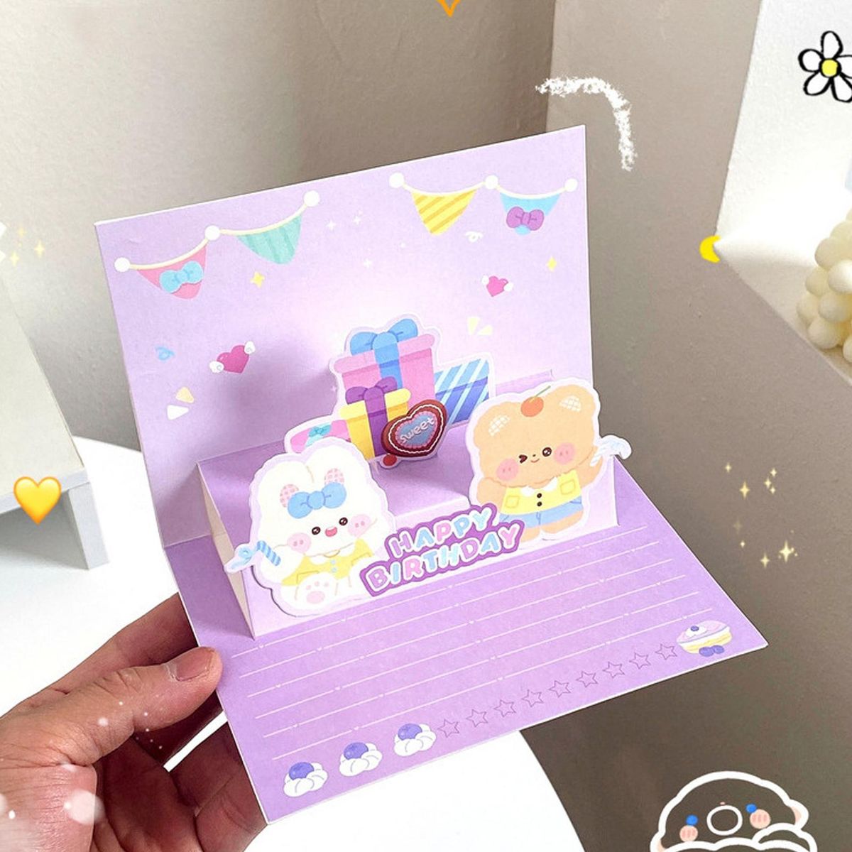 3d Cartoon Birthday Gift Card Adorable Eco-friendly Greeting Card Purple