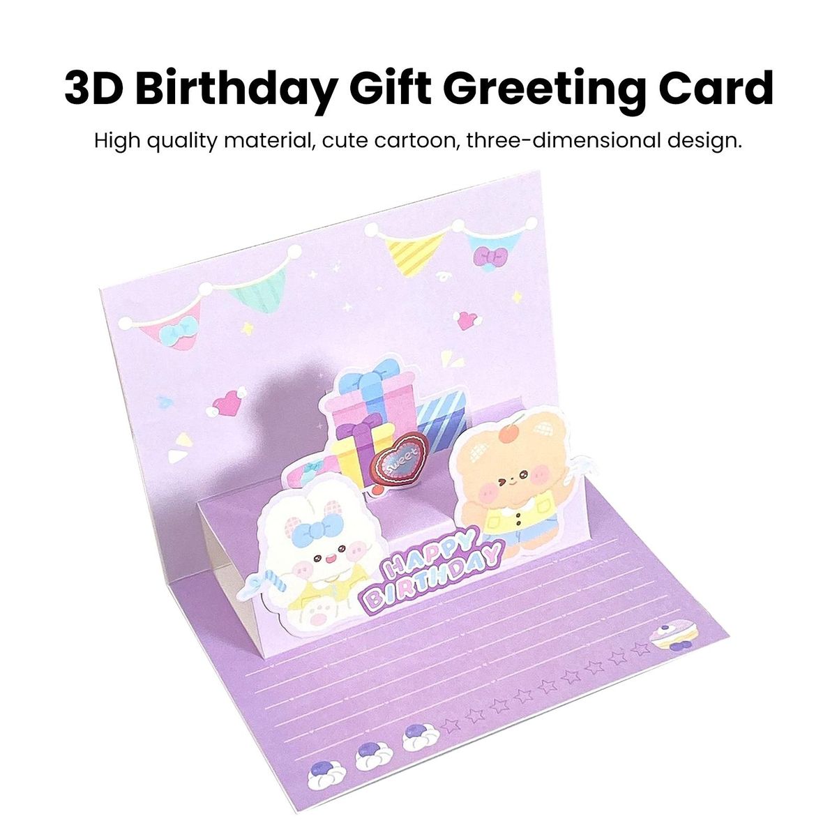 3d Cartoon Birthday Gift Card Adorable Eco-friendly Greeting Card Purple