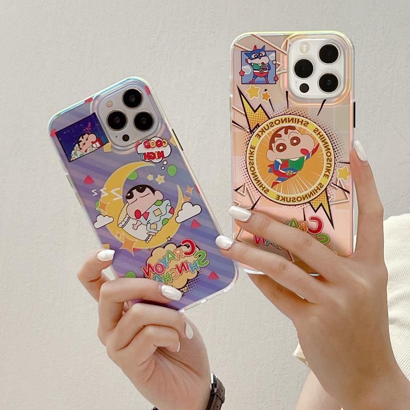 Applicable to Ipone13 Phone Case Apple 14pro Phone Case IMD Double-Sided Fluorescent Shell Cartoon Crayon Xiaoxin