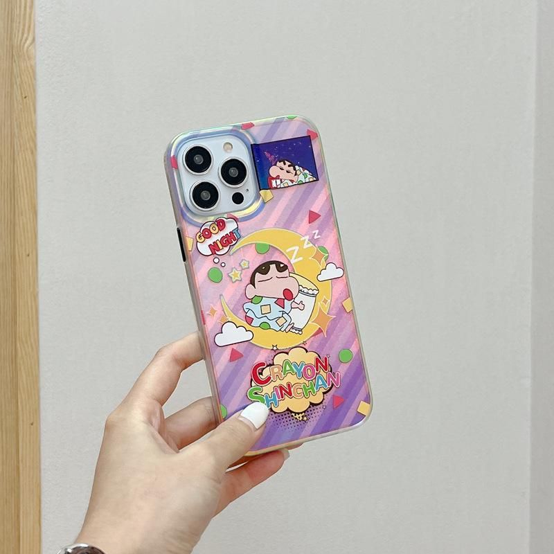 Applicable to Ipone13 Phone Case Apple 14pro Phone Case IMD Double-Sided Fluorescent Shell Cartoon Crayon Xiaoxin