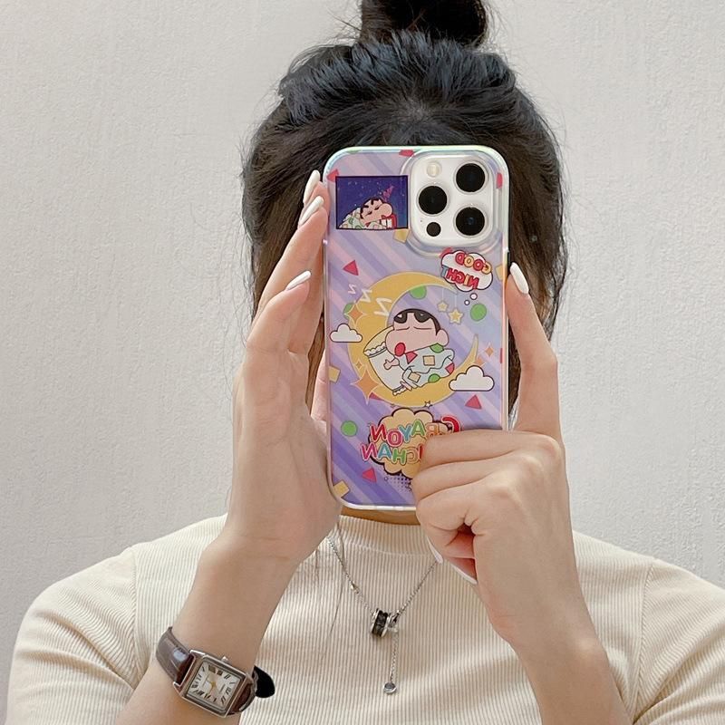 Applicable to Ipone13 Phone Case Apple 14pro Phone Case IMD Double-Sided Fluorescent Shell Cartoon Crayon Xiaoxin