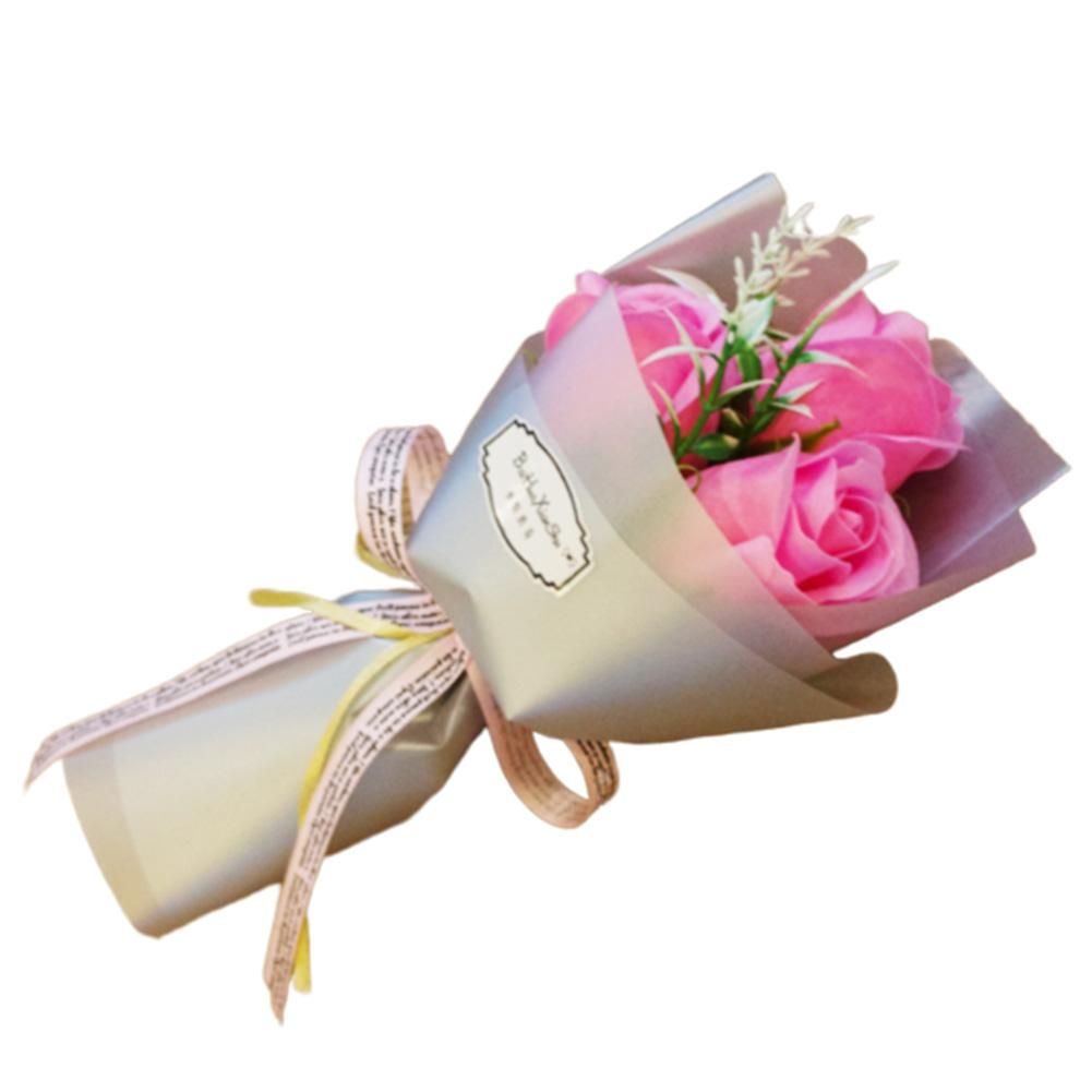 3 Heads Artificial Rose Bouquet Hand Holding Soap-Pink