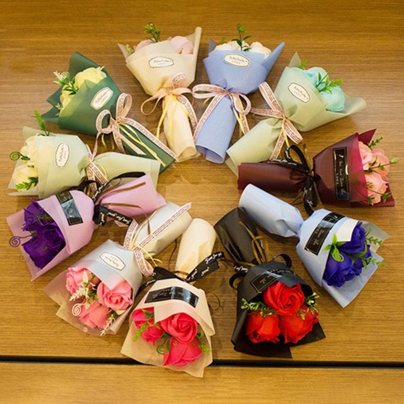 3 Heads Artificial Rose Bouquet Hand Holding Soap-Pink