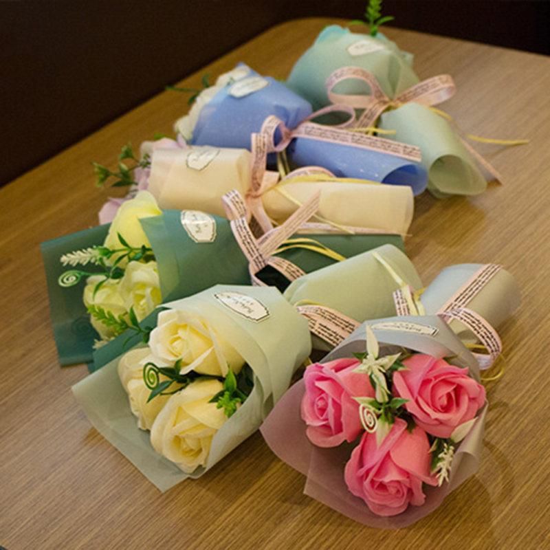 3 Heads Artificial Rose Bouquet Hand Holding Soap-Pink