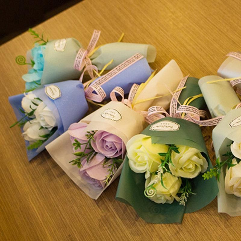 3 Heads Artificial Rose Bouquet Hand Holding Soap-Pink