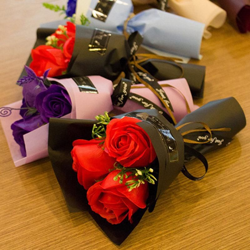3 Heads Artificial Rose Bouquet Hand Holding Soap-Pink