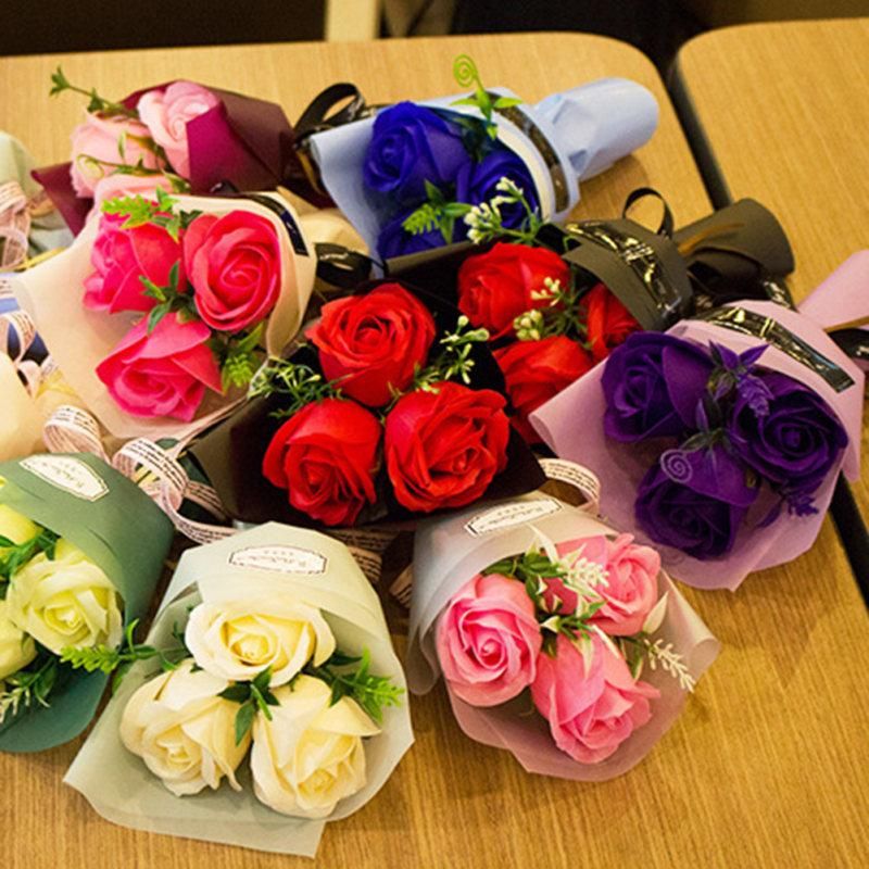 3 Heads Artificial Rose Bouquet Hand Holding Soap-Pink