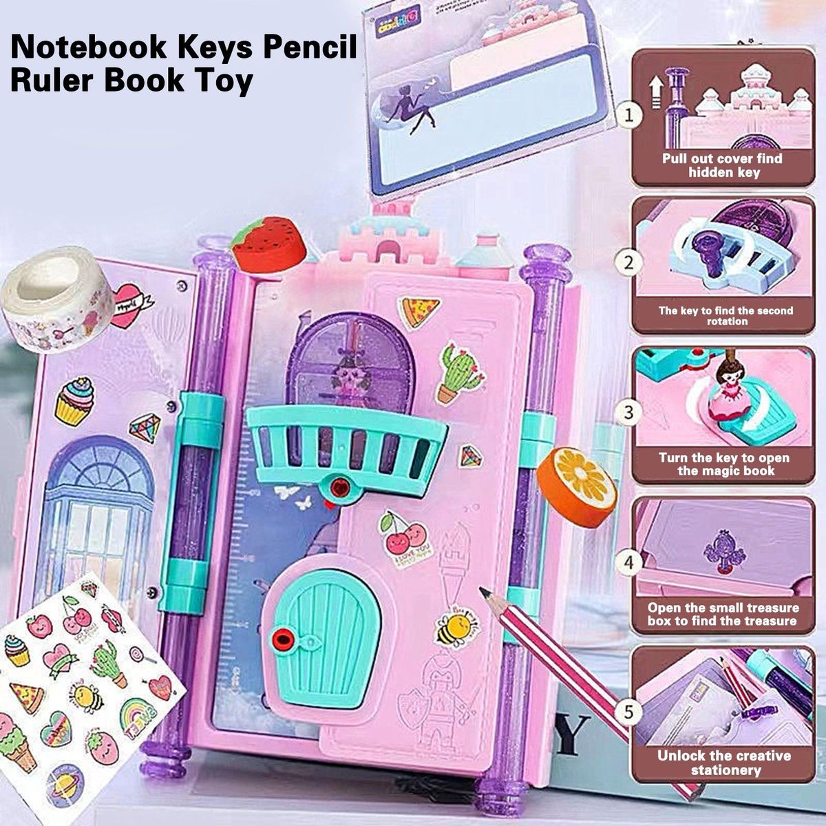 Girls Diary Toy Notebook Keys Pencil Ruler Book Toy Pink