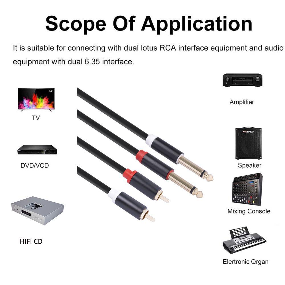 Dual 1/4'' TS To Dual RCA Audio Interconnect Cable 2×6.35mm
