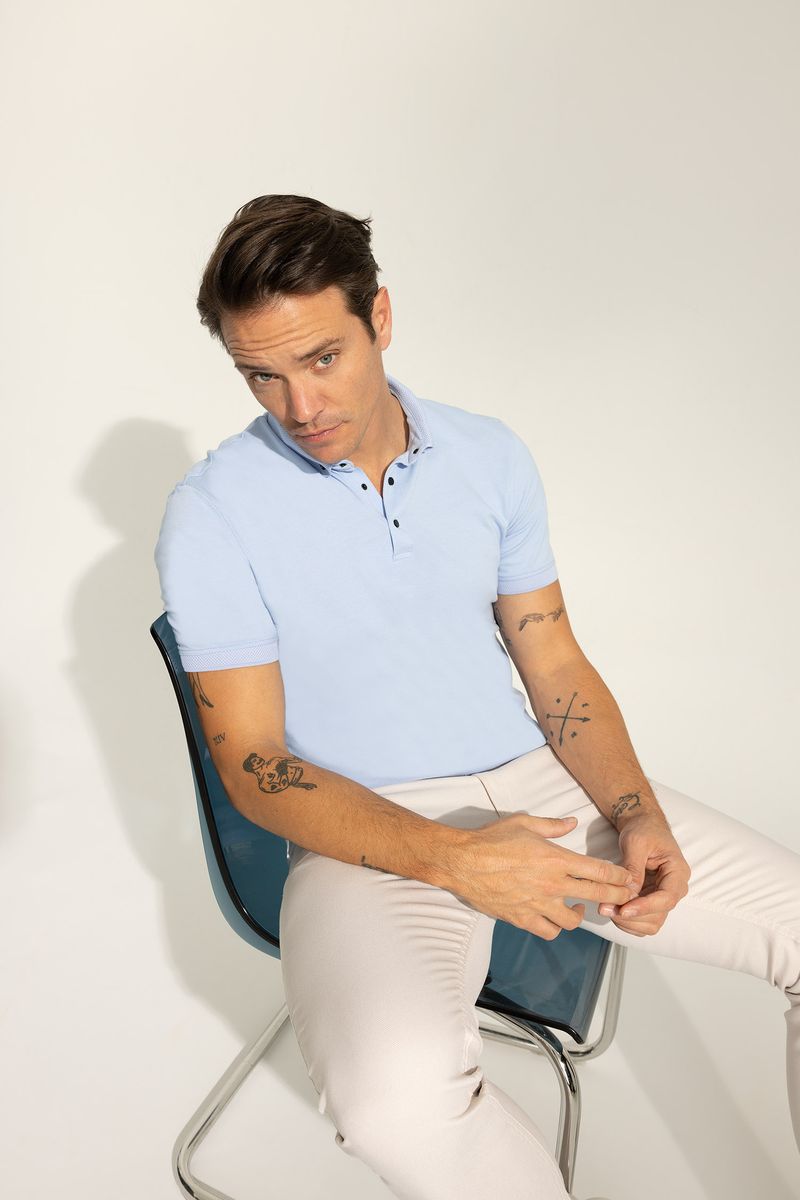 Man Slim Fit Short Sleeve Knitted Polo T-Shirt - Blue