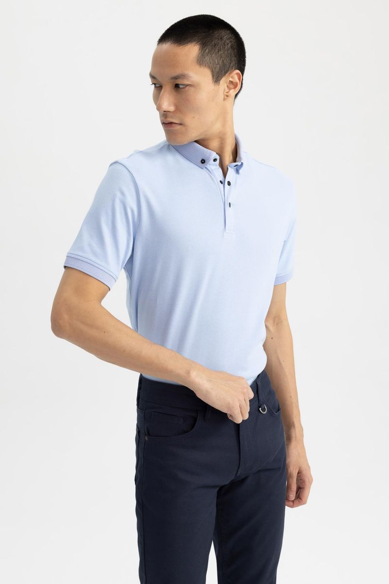 Man Slim Fit Short Sleeve Knitted Polo T-Shirt - Blue