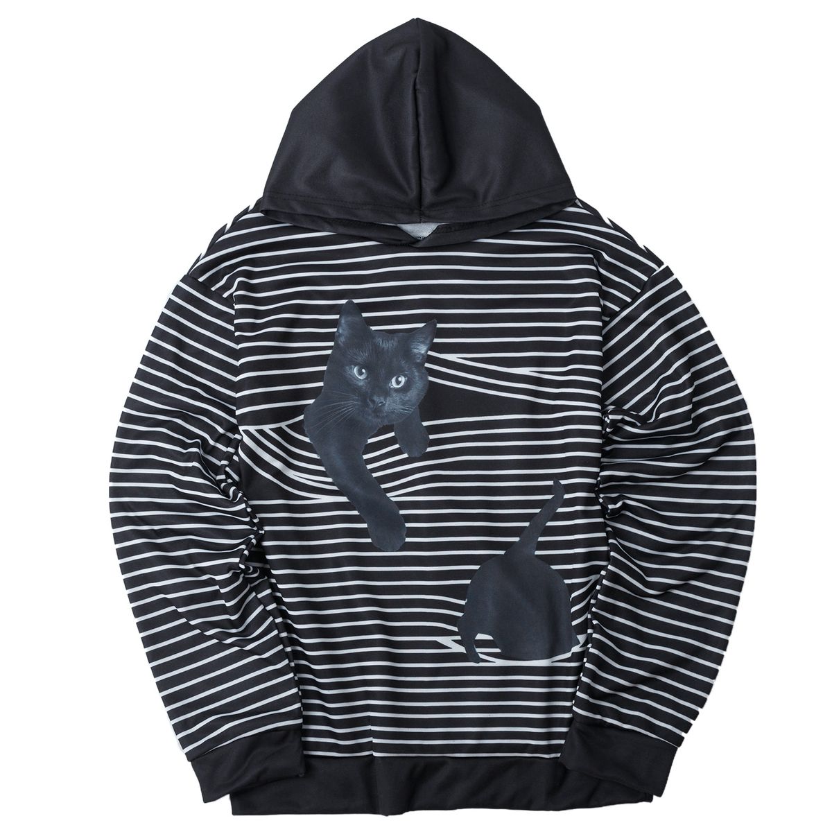 Women Striped Hoodie Cats Pattern Long Sleeve Pullover Loose