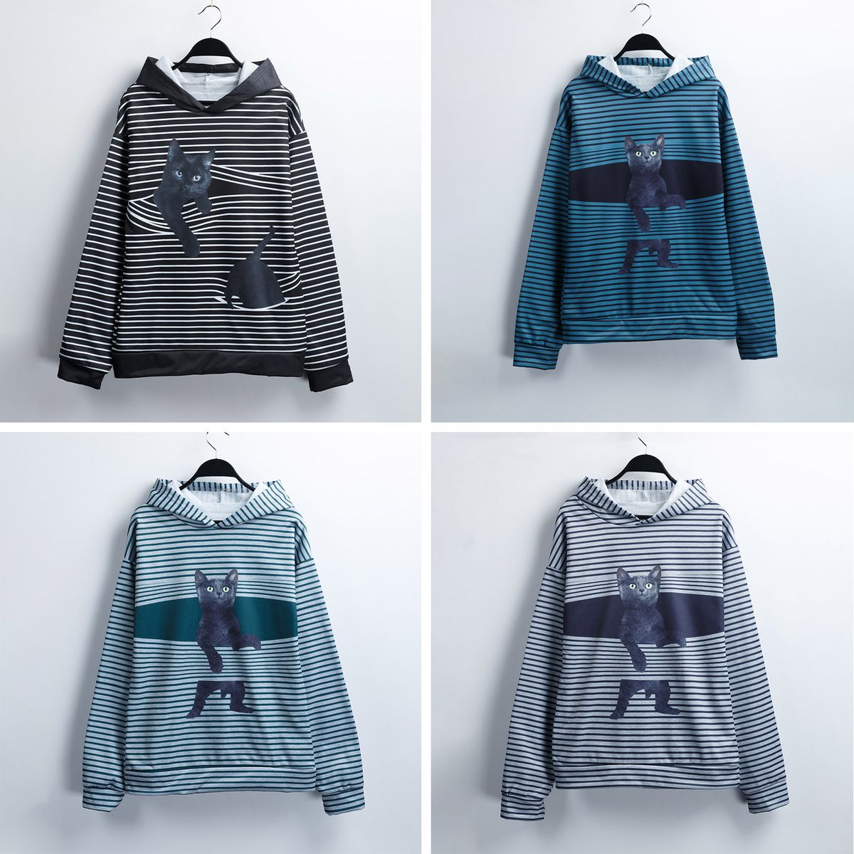 Women Striped Hoodie Cats Pattern Long Sleeve Pullover Loose