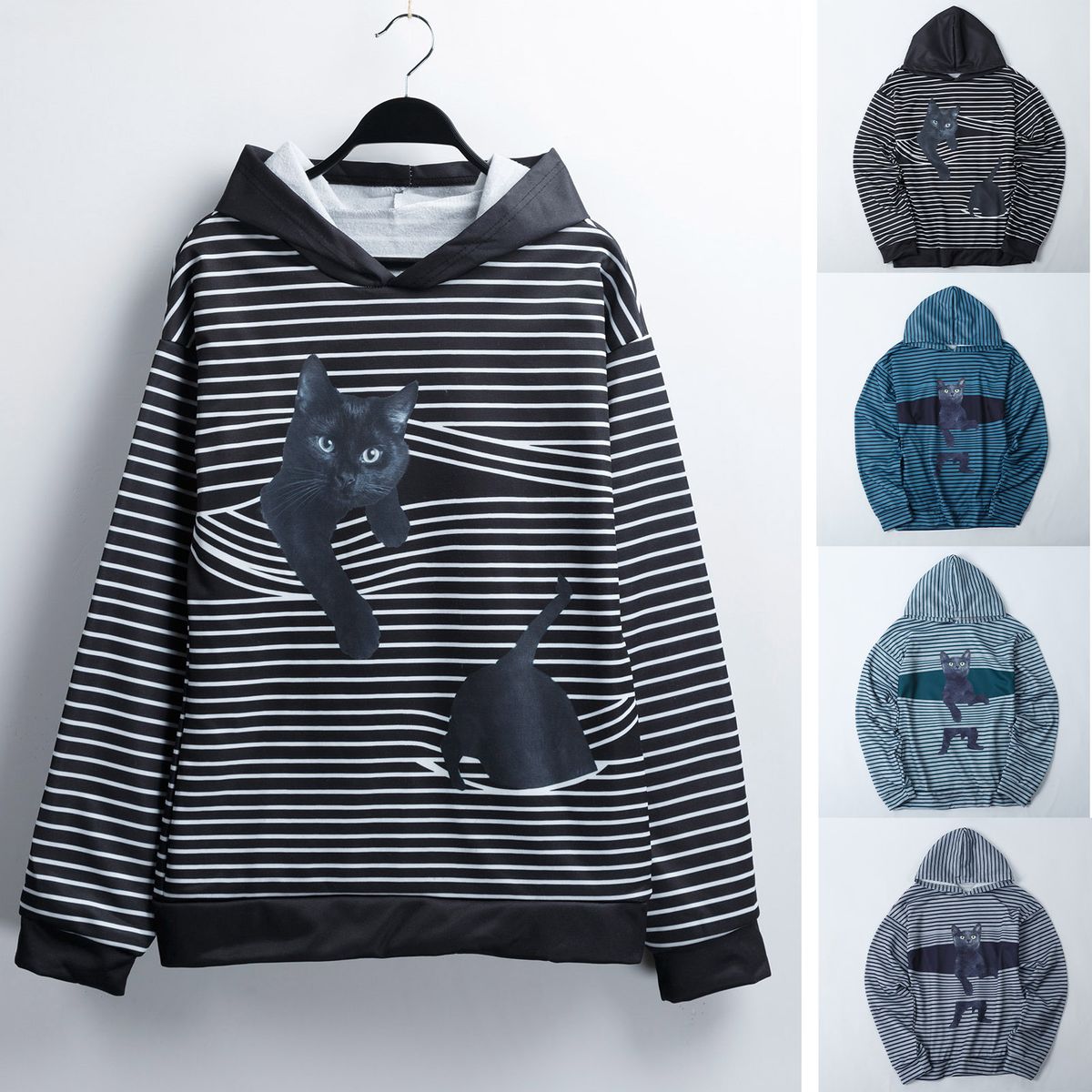 Women Striped Hoodie Cats Pattern Long Sleeve Pullover Loose
