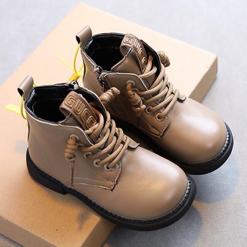 Girls Boots Fashion Children's Leather Boots-Khaki