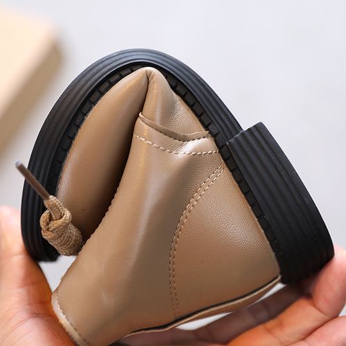 Girls Boots Fashion Children's Leather Boots-Khaki