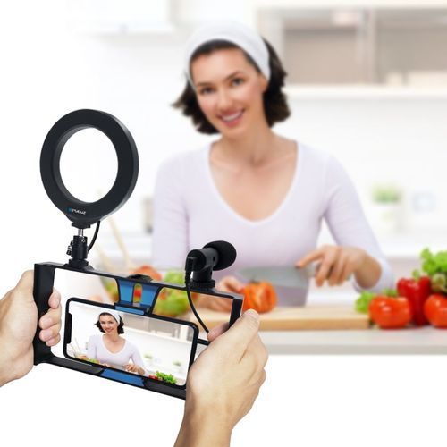3 In 1 Vlogging Live Broadcast Smartphone Video Rig + Microphone + 4.7 Inch 12cm Ring LED Selfie Light Kits(Tripod Not Included）