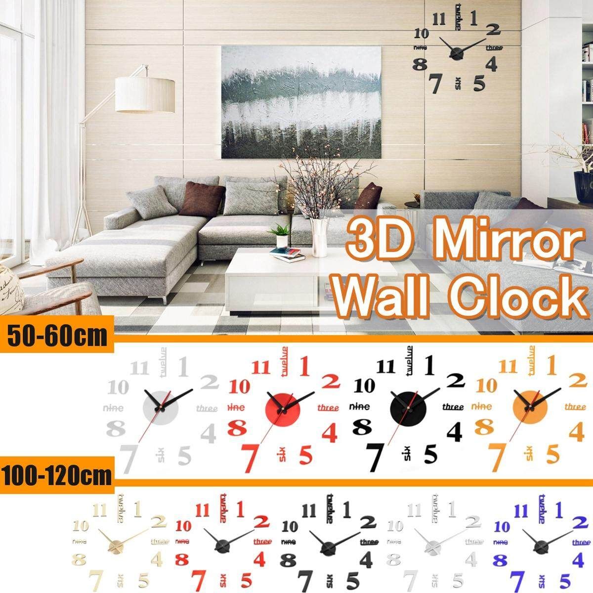 DIY 3D Vintage Silent Mirror Wall Art Clock Home Sticker Decor 50-60CM/100-120CM Silver