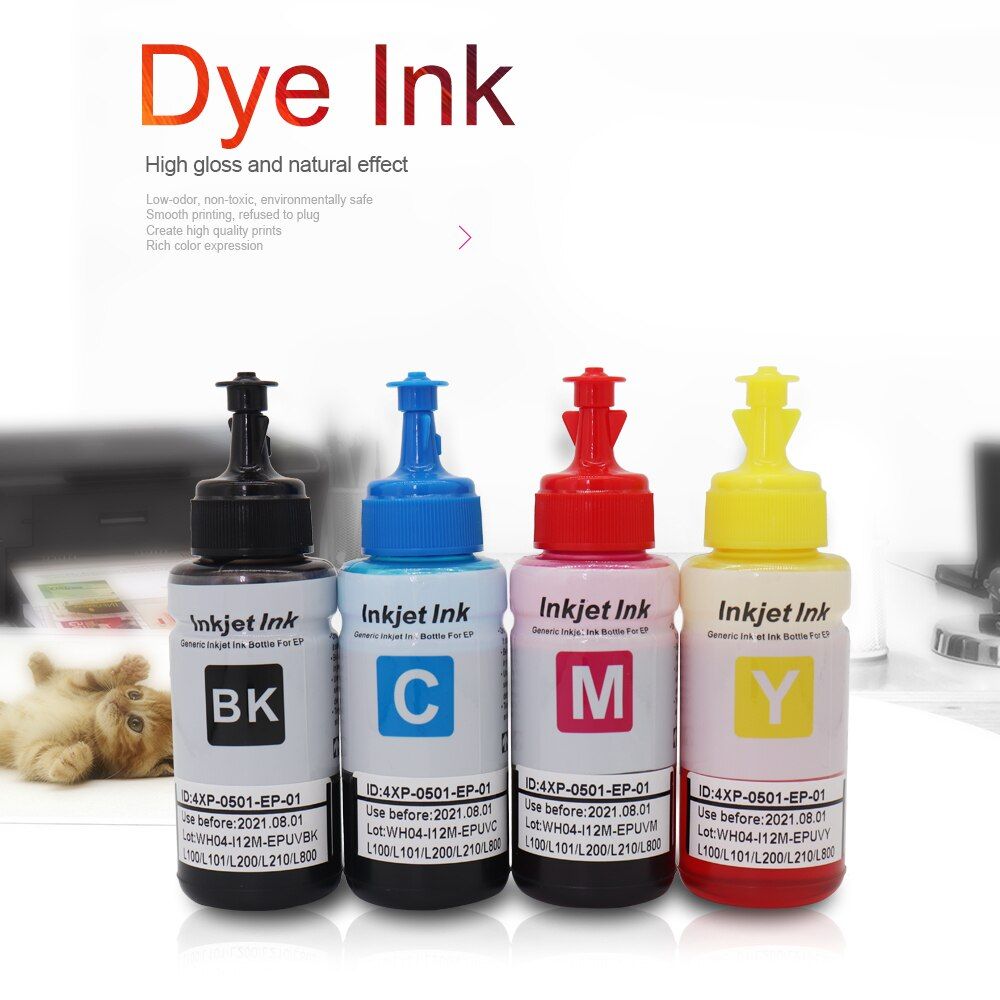OYfame Refill Dye Ink Kit For Epson L100 L110 L120 L132 L210 L222 L300 L312 L355 L350 L362 L366 L550 L555 Printer Ink 4 Color