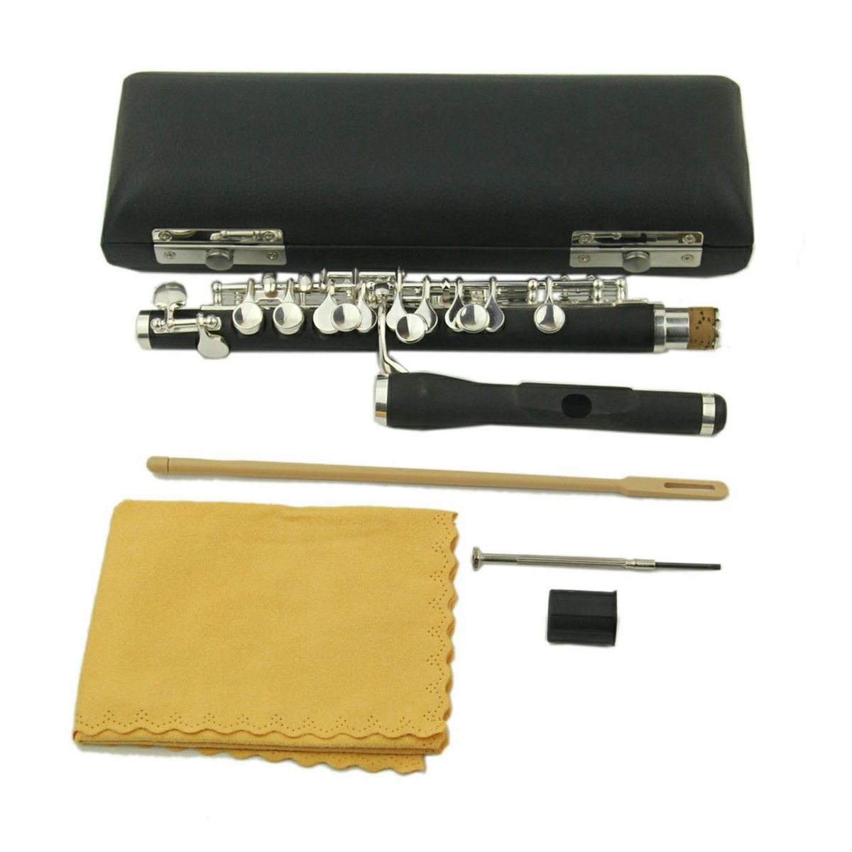 Plated C Piccolo Flute With Wood Case Cleaning Cloth