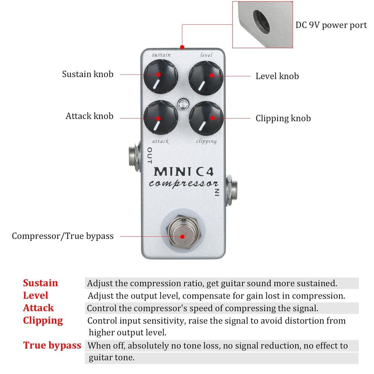 MOSKYAudio MINI C4 Compressor Guitar Effect Pedal True Bypass