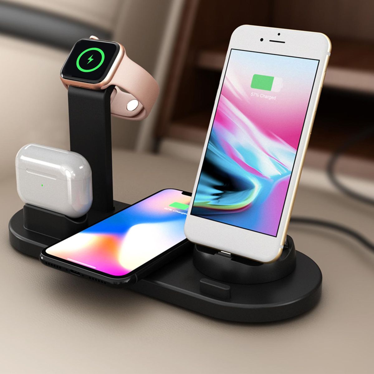 Replacement for iPhone12 11 X XR XS Samsung Galaxy S9 S8 iWatch 5 4 3 2 1 Airpods Wireless Charger Stand 4in1 Wireless Charging Base Qi Certified
