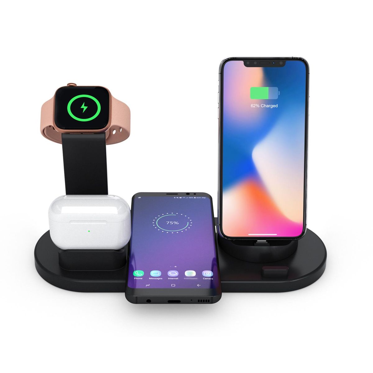 Replacement for iPhone12 11 X XR XS Samsung Galaxy S9 S8 iWatch 5 4 3 2 1 Airpods Wireless Charger Stand 4in1 Wireless Charging Base Qi Certified