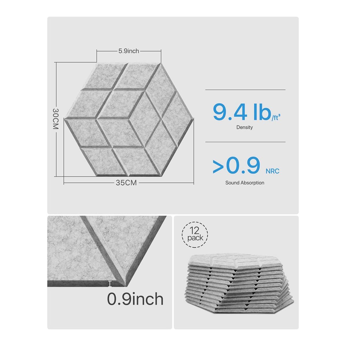 12 Pack Self-Adhesive Acoustic Sound Proof Foam Panels 138 X 12 X04InchFor StudiosRecording StudiosOfficesGray