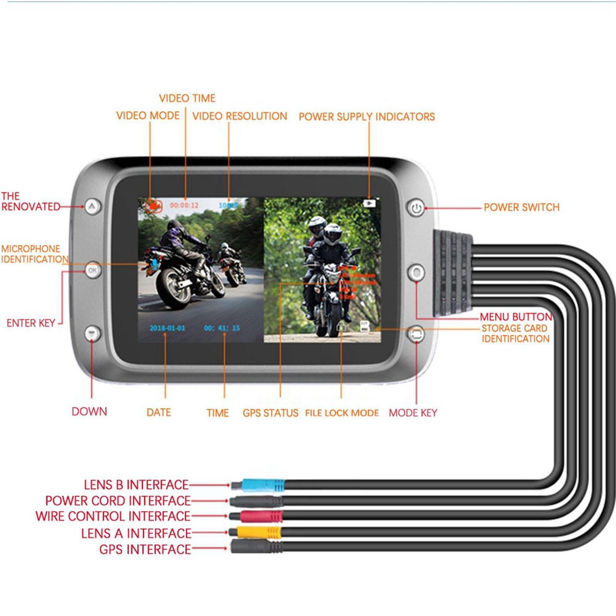 Motorcycle Recording Dash cam Dual 2 Channels Lens Front & Rear 1080P Driving Recorder with GPS 140° Wide Angle 3'' LCD, 64G Max