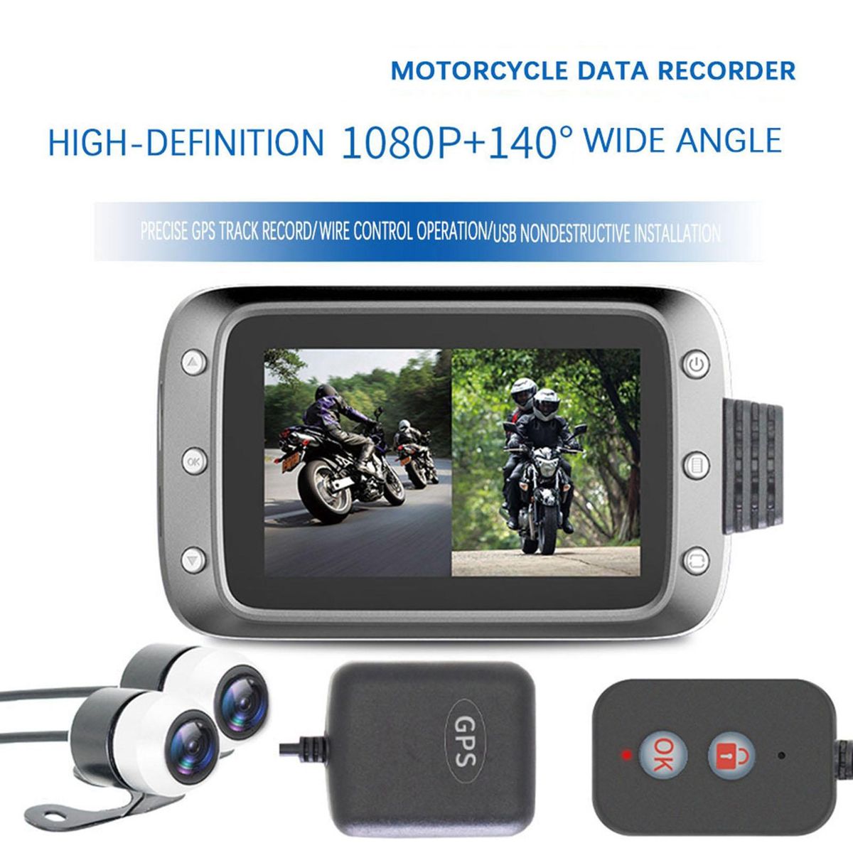 Motorcycle Recording Dash cam Dual 2 Channels Lens Front & Rear 1080P Driving Recorder with GPS 140° Wide Angle 3'' LCD, 64G Max