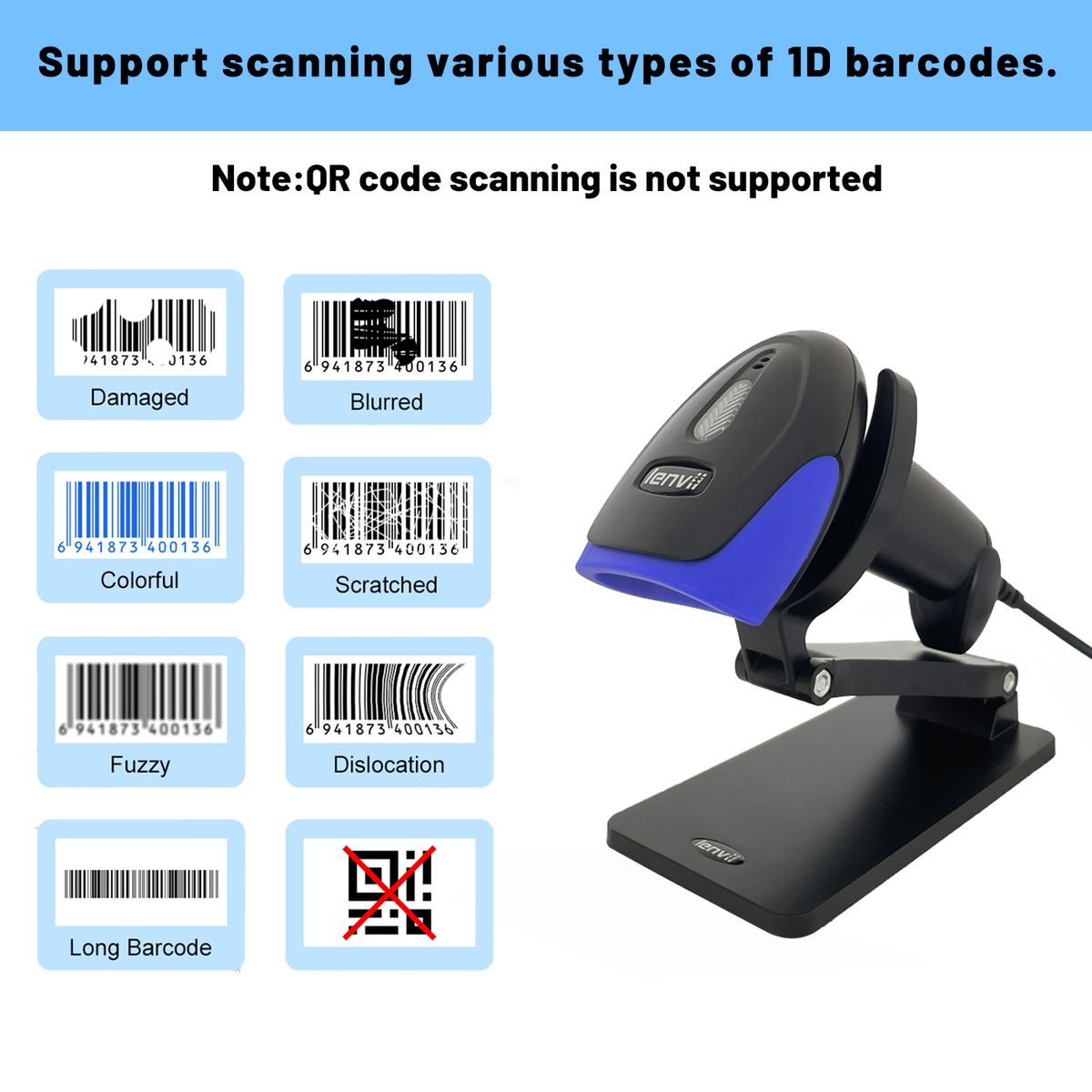 CW120 Hands-Free Wireless Barcode Scanner 2 In 1 Automatic Wired Barcode Scanner Handheld 1D Barcode Reader Rechargeable