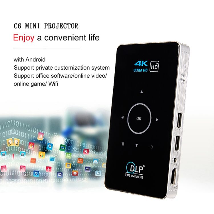C6 2G+16G Android Smart DLP HD Projector Mini Wireless Projector: EU Plug (Black)